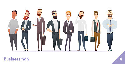 Businessman or people character design collection. Modern cartoon flat style. Young professional males poses.