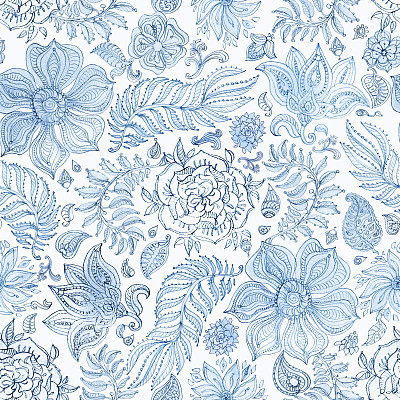 Abstract seamless floral pattern of indigo blue hand painted watercolor  fantasy leaves, flowers,  Paisley elements and curly branches on a white background. Textile print, album cover, batik paint, wallpaper, wrapping paper, cotton design