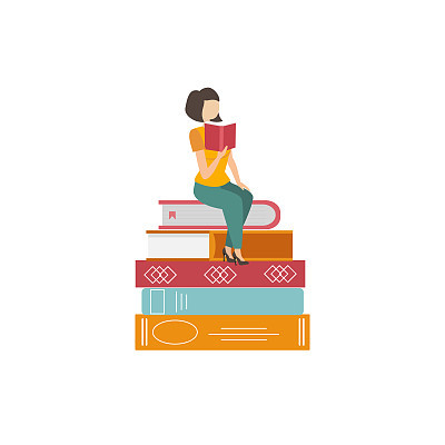Girl sitting on pile of books with open book in her hands. Concept illustration of e-learning, distance studying and self education.