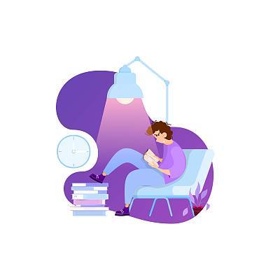 Reading books flat style illustration, person reading a book on interior background, concept for application.