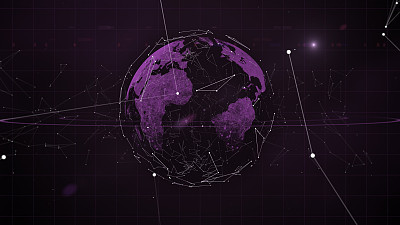 Digital shining globe rotating with glowing particles connections surrounding it.