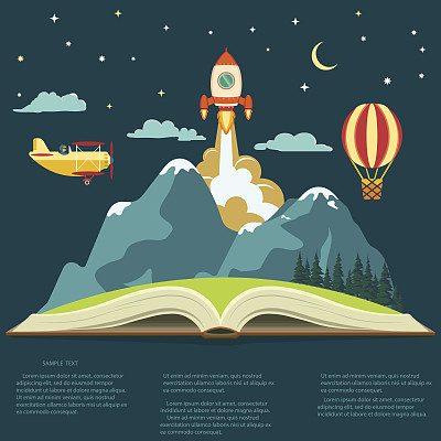 Imagination concept, open book with a mountain, flying rocket, air balloon and airplane