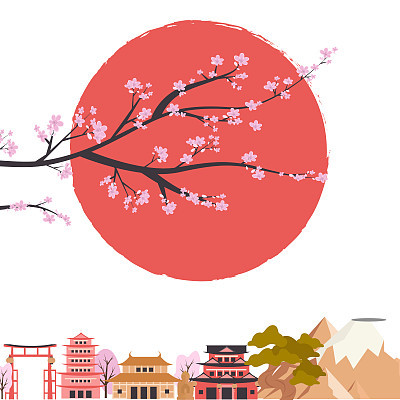 Japan poster with traditional famous elements and symbols.