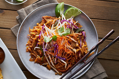 beef pad thai shot from overhead view