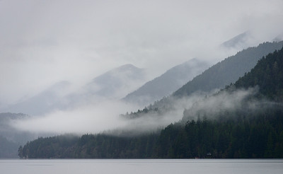 Morning Fog over the Mountains at Lake Crescent at Olympic National Park