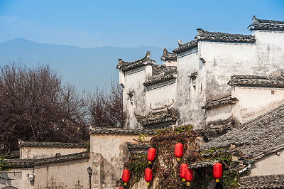 White buildings with red lanterns. Hongcun Village, China