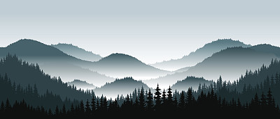 Vector mountains landscape with fog - seamless background.