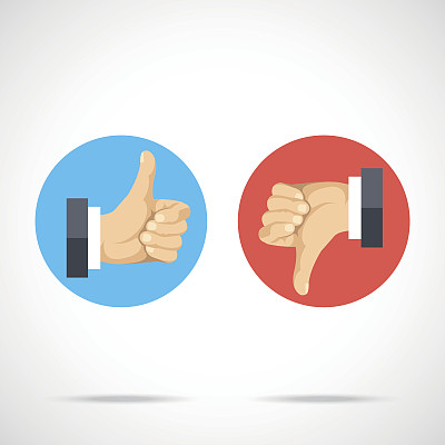 Like and dislike. Round icons set. Hands with thumbs up, thumbs down. Modern flat design graphic elements, flat icons set. Vector illustration