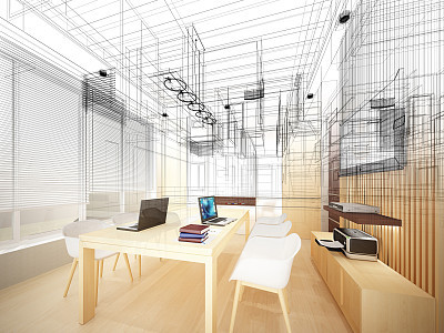 sketch design of study room ,3dwire frame render