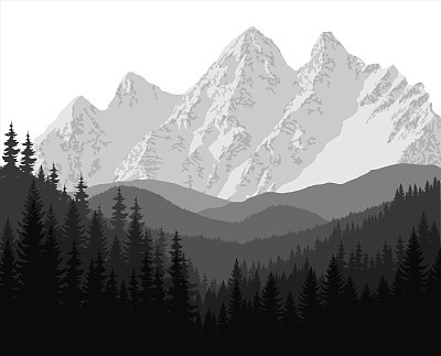 Grey mountains forest retro vintage vector background illustration.