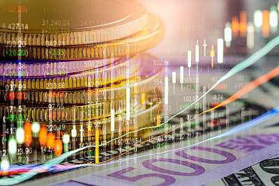 Stock market or forex trading graph and candlestick chart suitable for financial investment concept. Economy trends background for business idea and all art work design. Abstract finance background.