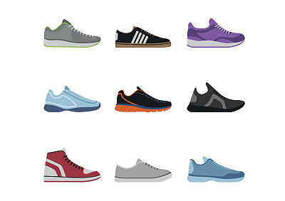 Comfortable shoes collection isolated on white background. Sportwear sneakers, everyday footwear clothing in flat style. High and low keds, footwear for sport and casual look