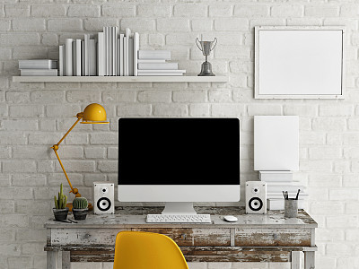 Mock Up work space, Monitor on table, 3d illustrationp