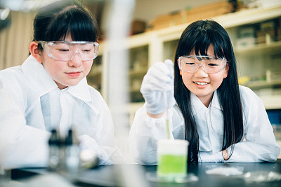 Japanese female students doing an experiment in Science Lab