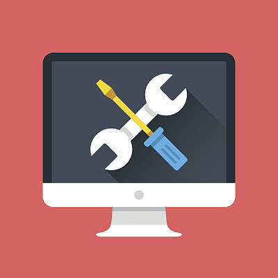 Computer icon with wrench and screwdriver on screen. Computer repair services, technical support, maintenance concepts. Modern flat design graphic elements. Vector illustration