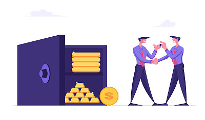 Businessman Bank Employee Giving Key from Safe to Business Man. Deposit Box Concept with People Collecting Money Savings. Fund Investment with Characters and Earnings Cartoon Flat Vector Illustration