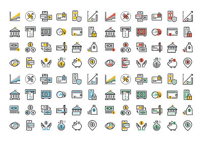 Flat line colorful icons collection of banking and e-banking