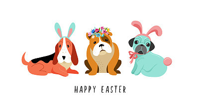 happy easter card with dogs wearing bunny