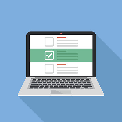 Laptop and checkboxes with check mark. Checklist, white tick on laptop screen. Choice, survey concepts. Modern flat design vector illustration