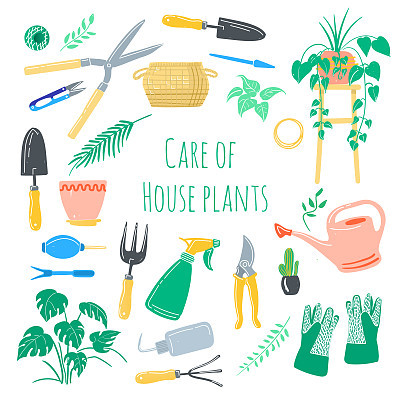 Vector set hand drawn illustrations of gardening and care of house plants. Cute garden tools work hand drawn elements. Spring time