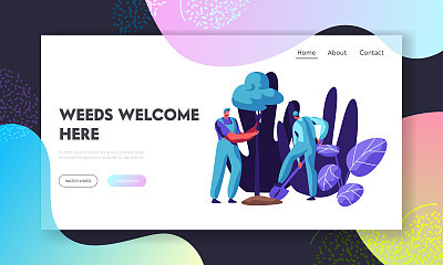 Gardeners Characters Planting Tree in Greenhouse, Growing and Caring of Plants in Garden . People Digging Trees, Seasonal Work Website Landing Page, Web Page. Cartoon Flat Vector Illustration, Banner