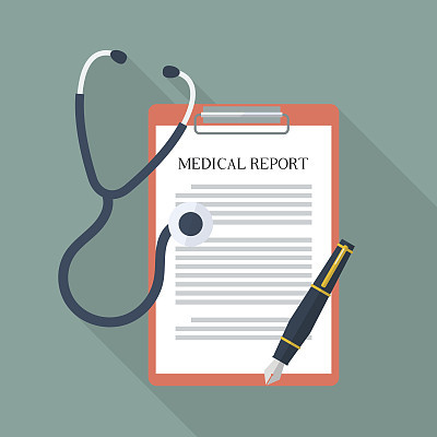 Medical report with stethoscope and pen