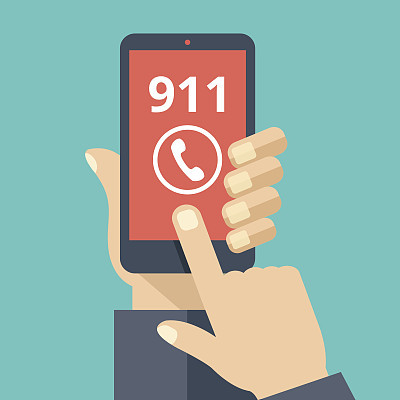 Call 911, emergency call. Hand holding smartphone, touching call button