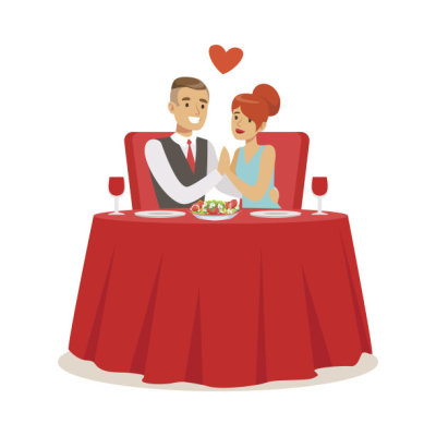 Happy elegant couple enjoying romantic dinner date while sitting in a cafe colorful characters vector Illustration