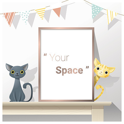Interior poster mock up with empty frame and cats on wooden table , vector , illustration