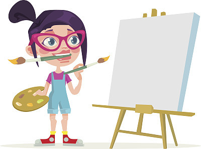 Little girl artist character. Blank canvas. Vector flat cartoon illustration