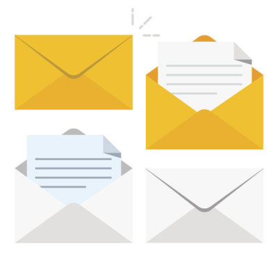 Set of icons with a picture of a closed letter. Paper document enclosed in an envelope. Delivery of correspondence or office documents. Vector illustration isolated on white background.