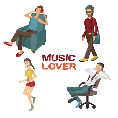 Vector modern flat design people wearing headphones listening music.