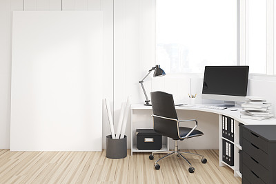 Workplace with black closet, side