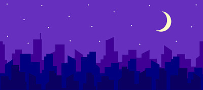 Seamless horizontal panorama of night cityscape with moon and stars. 
Silhouettes of skyscraper roofs. Vector endless illustration for breaking long banners or game locations