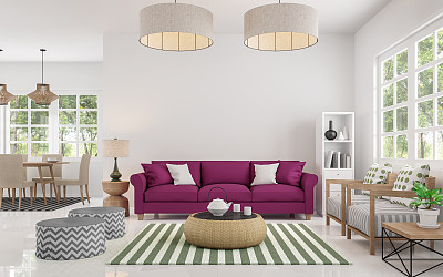 Modern white living room and dining room 3d rendering image