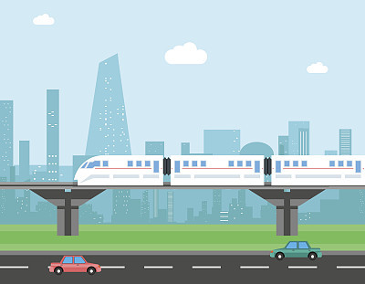 Train and cityscape. Transportation vector concept