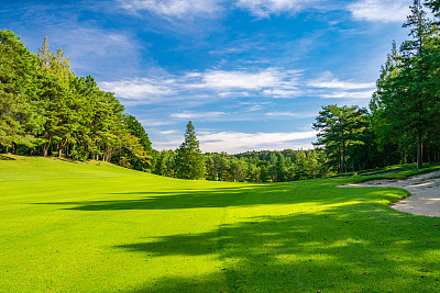 Panorama view of Golf Course where the turf is beautiful and green at sunset dawn.
