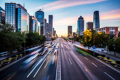 Futuristic city at dusk