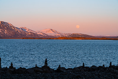 The sunset or sunrise scene in Reykjavik city at Solfar, the tourist spot, The sky turn to colourful with pastel color.Iceland