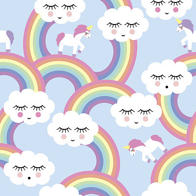 Seamless pattern with smiling sleeping clouds and rainbows