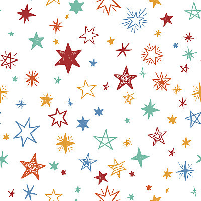 Seamless pattern with handdrawn stars. Bright vector illustration.