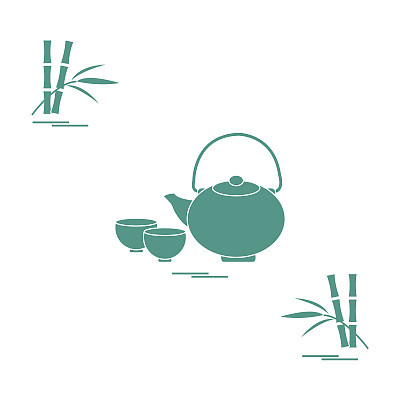 Stylized icon of the teapot with two cups and bamboo. Tea ceremony.