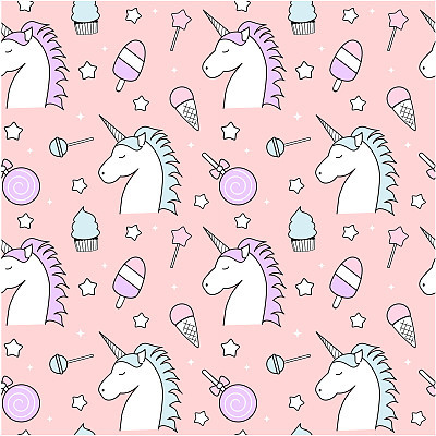 cute seamless vector pattern background illustration with unicorn, candy, lollipop, ice cream, stars and cupcake