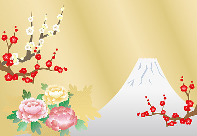 Illustration of New Year's image with plum blossoms, peony and silver Mt. Fuji and golden gradient background.
