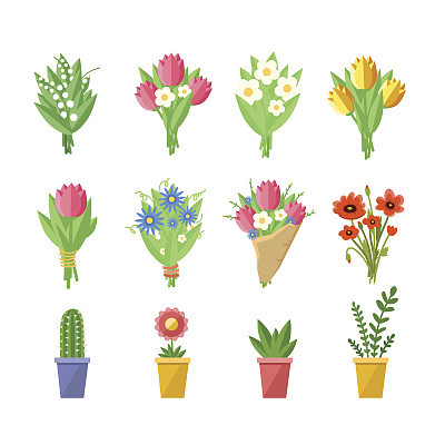 Flowers bouquets set.