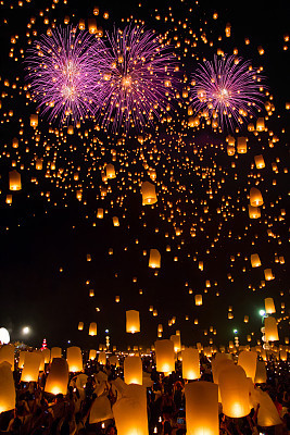 Sky lanterns with fireworks