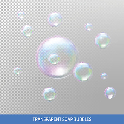 Transparent soap bubbles. Realistic soap bubbles. Rainbow reflection soap bubbles