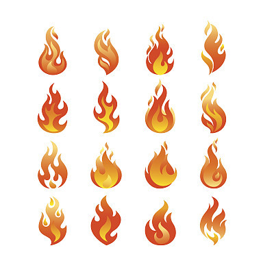 Red Burning Fire Flame icon set design vector template. Burn Fireball concept icon pack. Hot Inferno illustration. Bonfire creative collection.