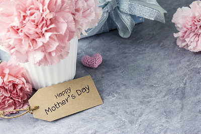 Happy mothers day message on tag and pink carnation flower in white cup