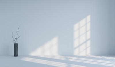 Empty white minimalist room and vase with branches.. 3d rendering